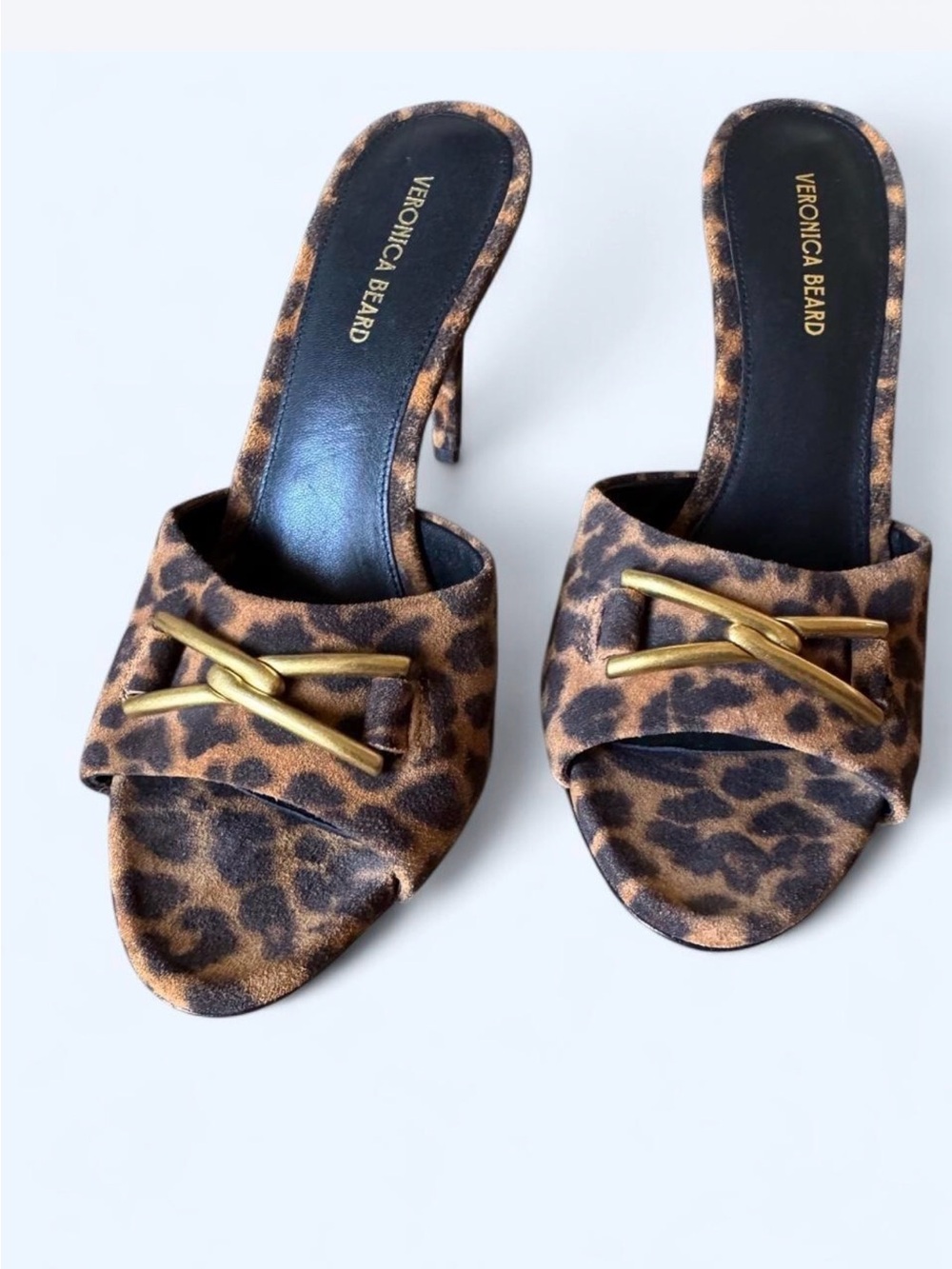Veronica Beard Leopard-Print Suede Mule Heels with Gold Buckle - Picture 3 of 6